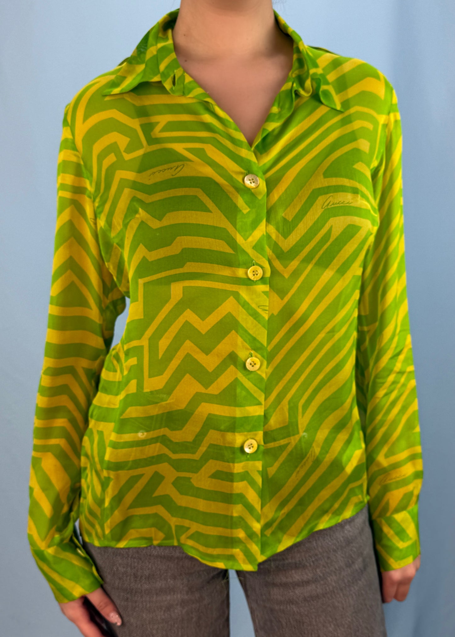 Gucci Spring 1996 Runway Green & Yellow Zig Zag Silk Shirt