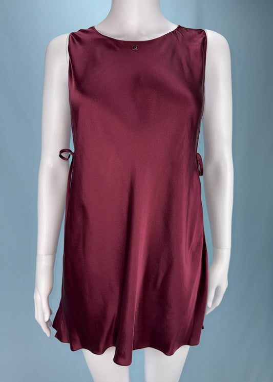 Chanel Fall 1998 Runway Burgundy Silk Satin Tie Up Sides Mini Dress