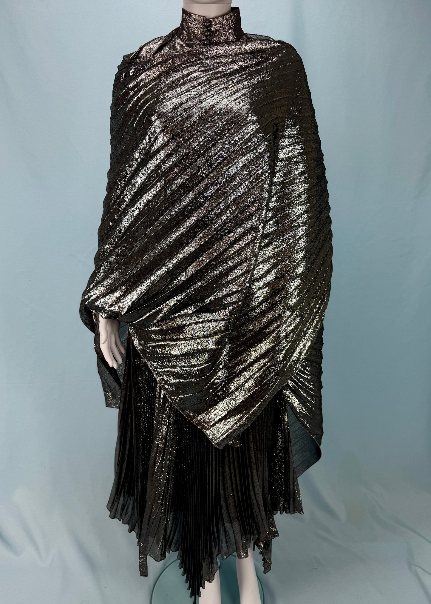 Jean-Louis Scherrer 1980's Silver Lamé Pleated Dress & Shawl