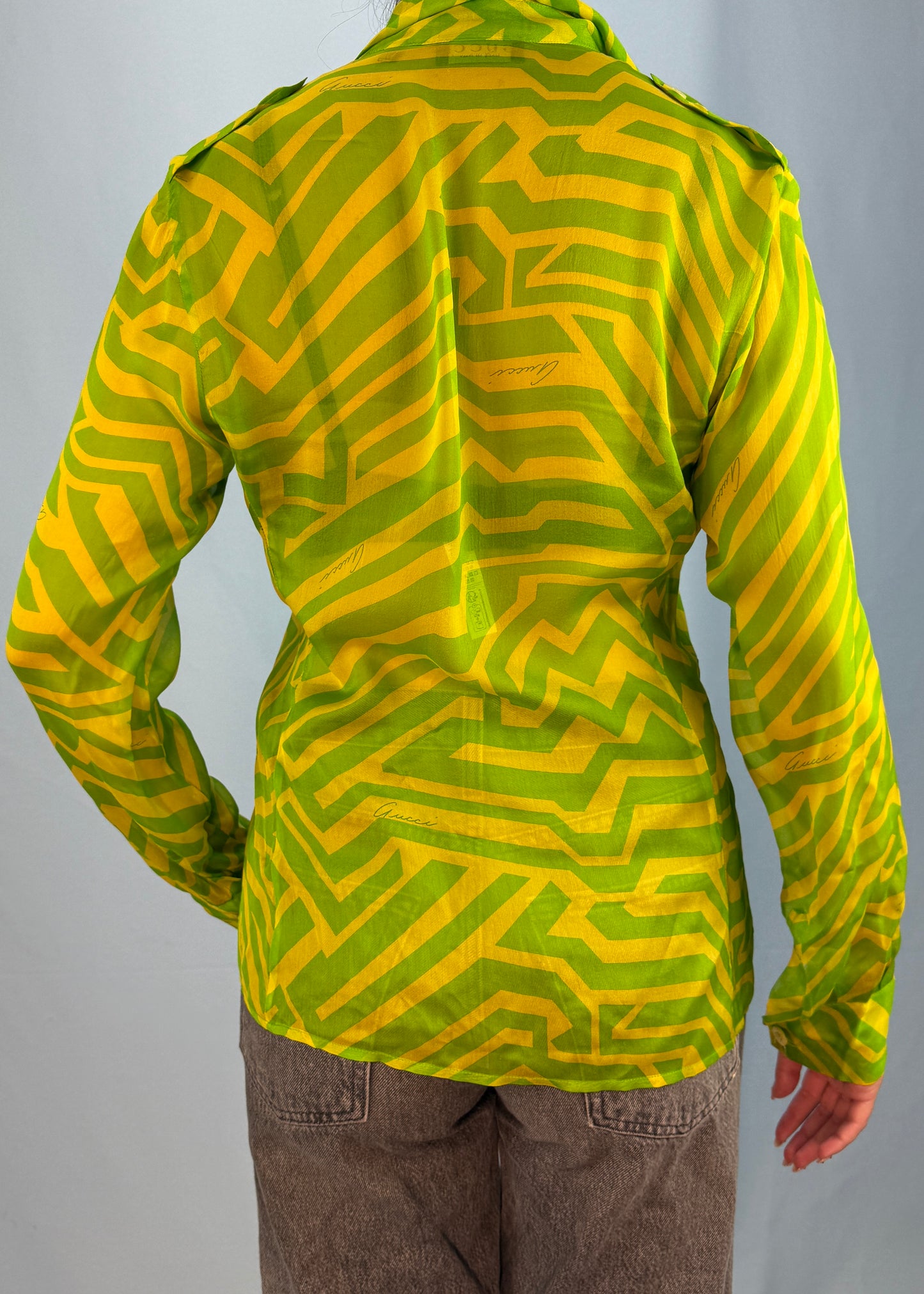 Gucci Spring 1996 Runway Green & Yellow Zig Zag Silk Shirt