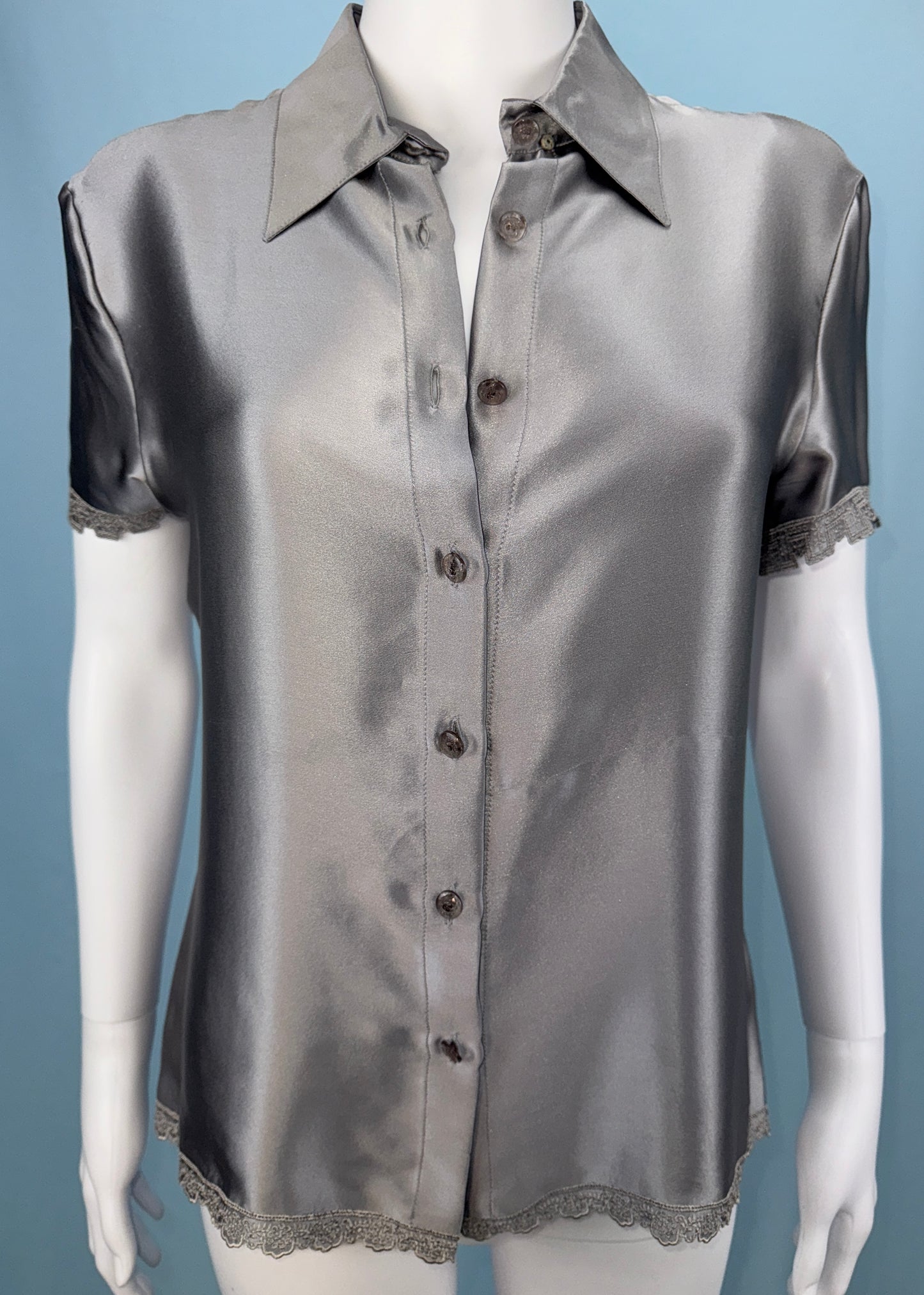 Versace Spring 1997 Grey Silk Lace Trim Blouse Shirt