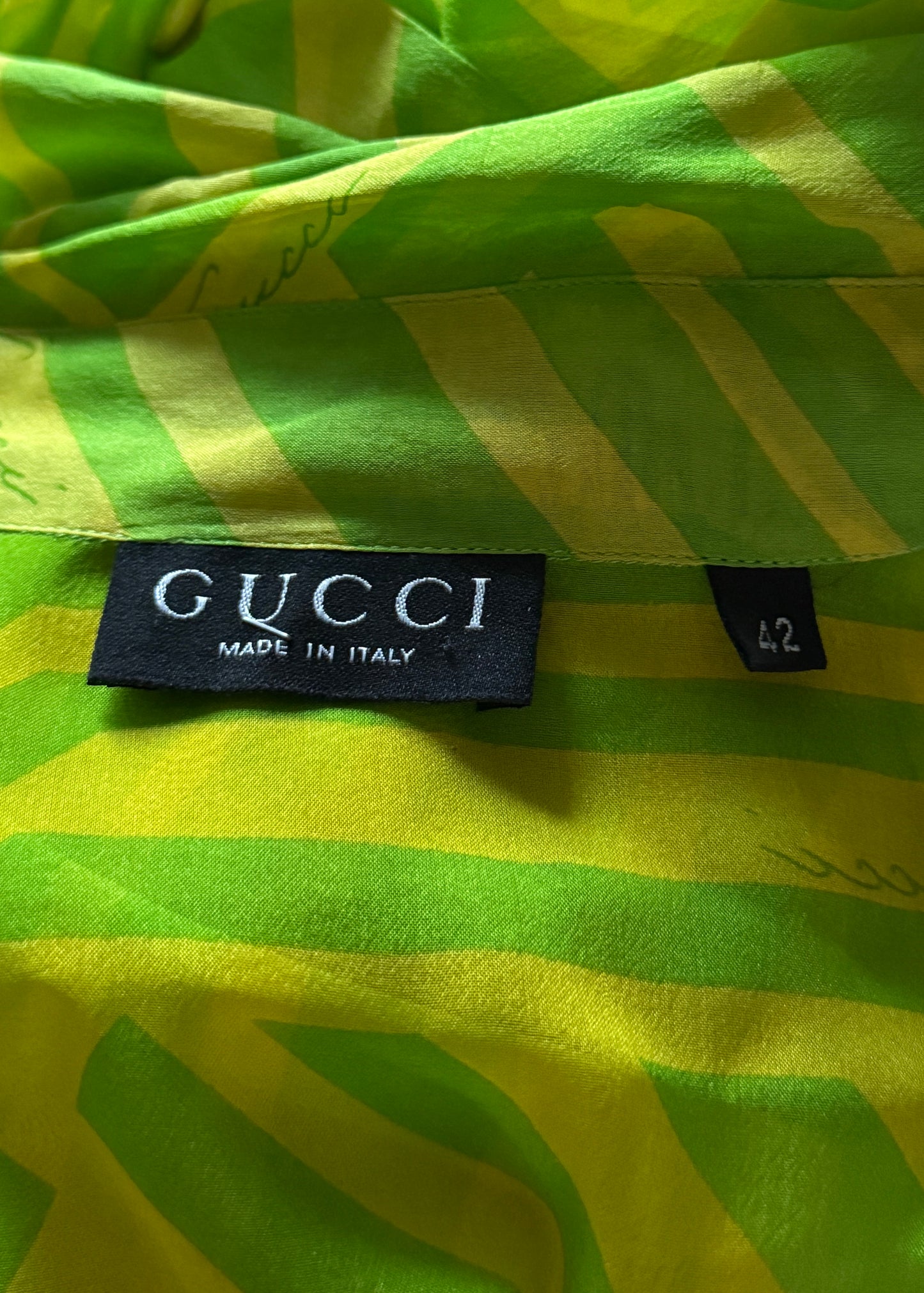 Gucci Spring 1996 Runway Green & Yellow Zig Zag Silk Shirt