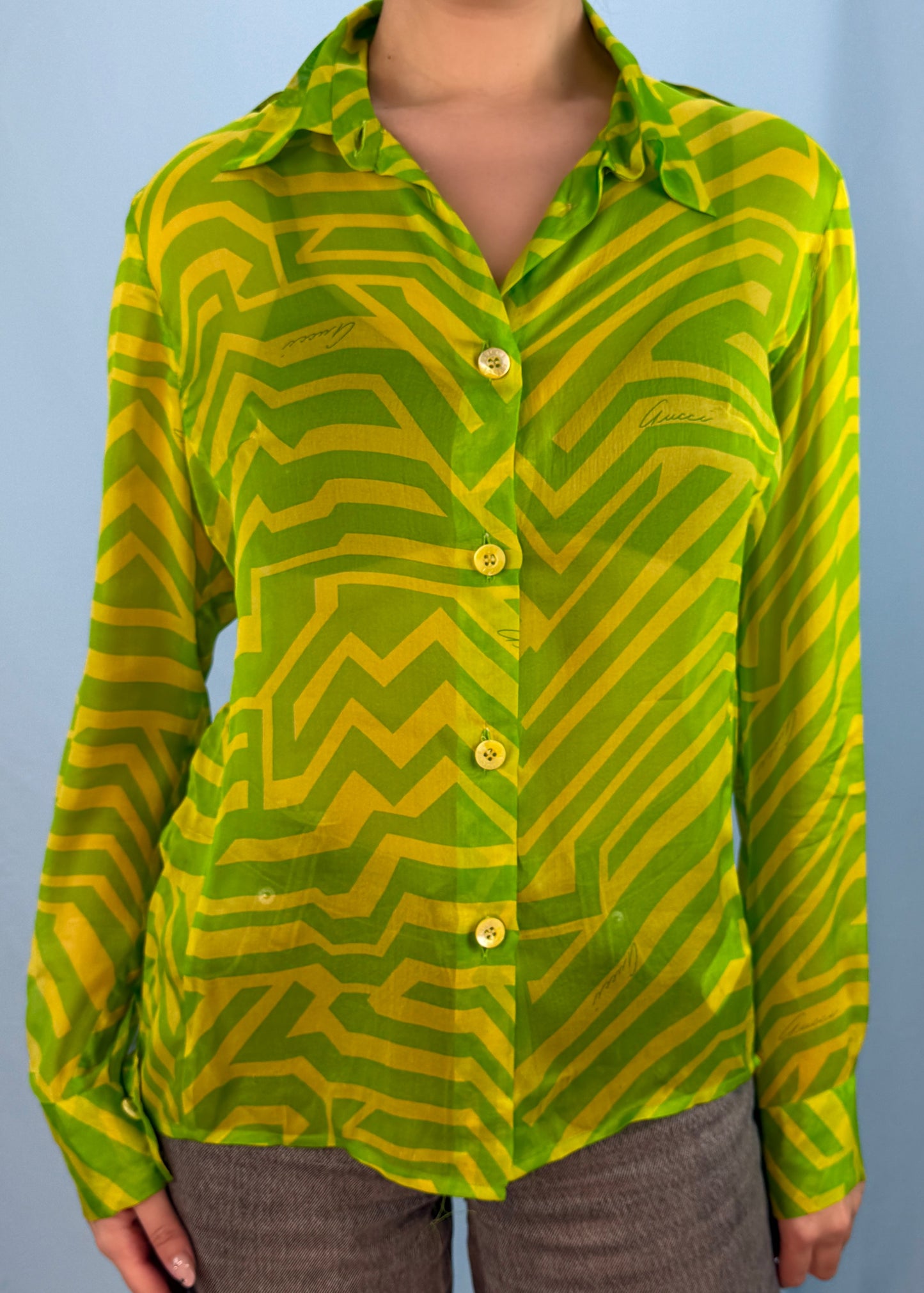 Gucci Spring 1996 Runway Green & Yellow Zig Zag Silk Shirt