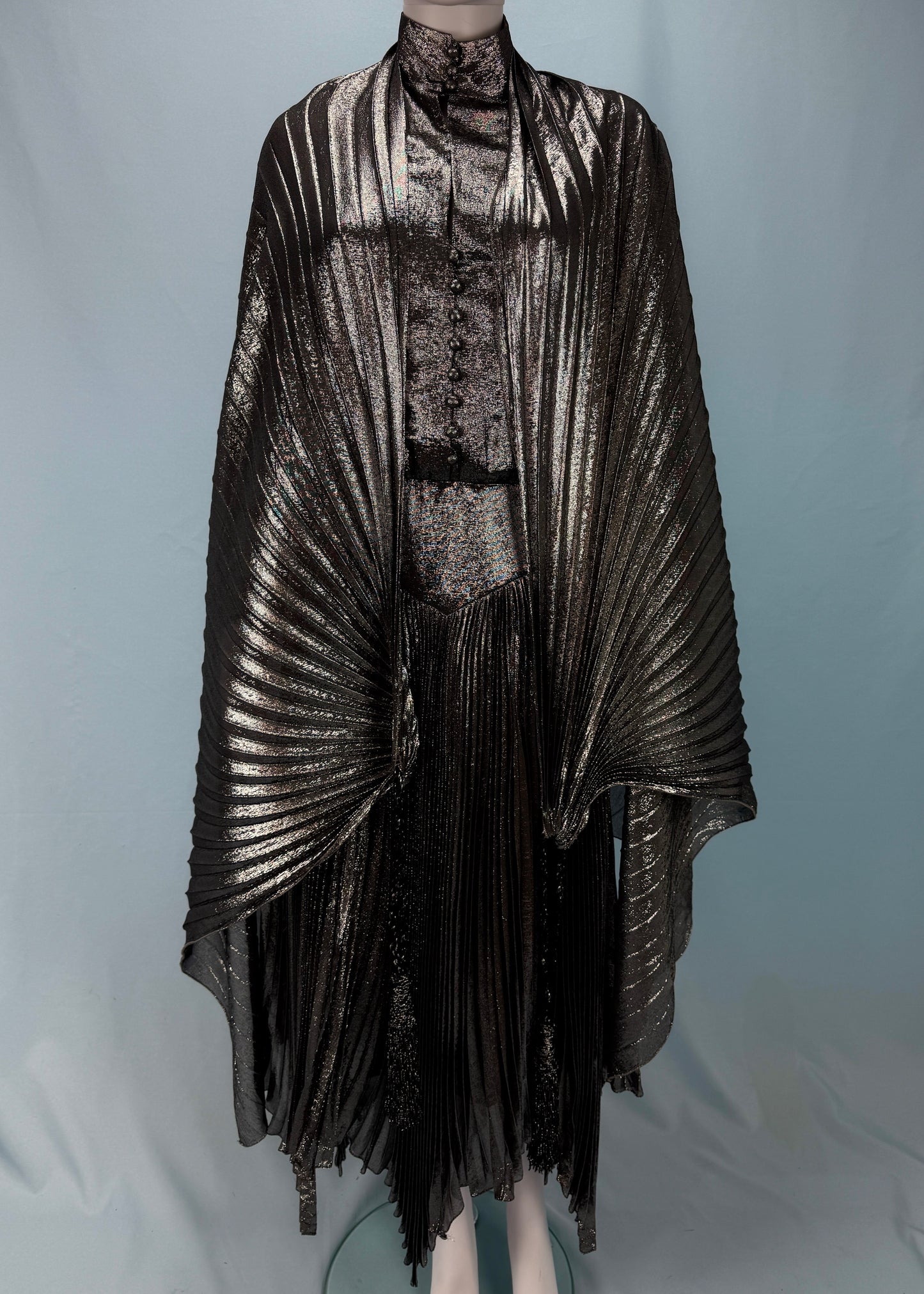 Jean-Louis Scherrer 1980's Silver Lamé Pleated Dress & Shawl