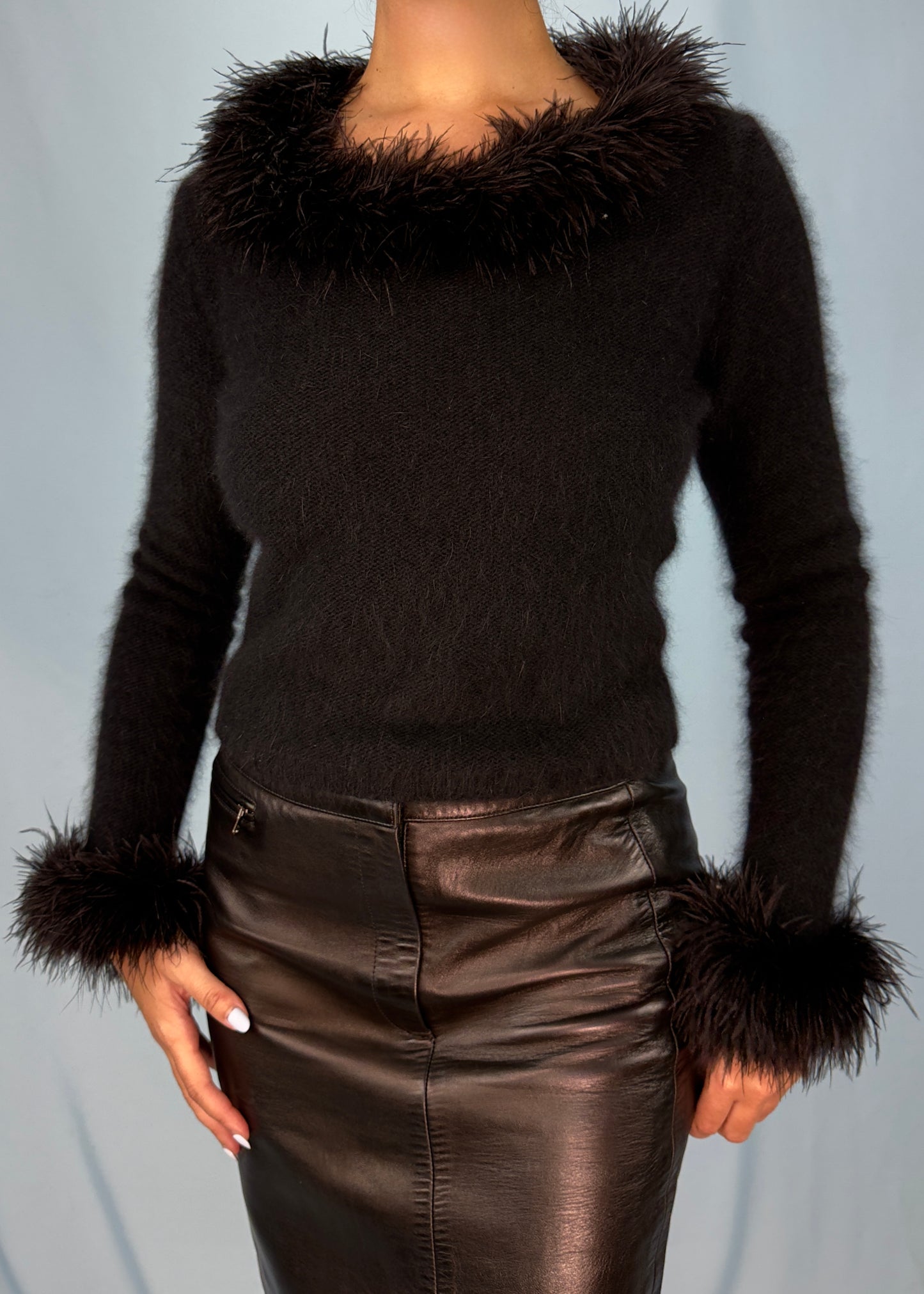 Valentino Black Angora Marabou Feather Trim Jumper