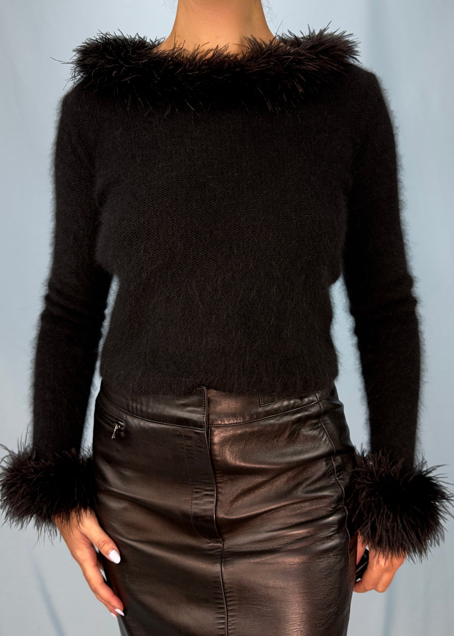 Valentino Black Angora Marabou Feather Trim Jumper