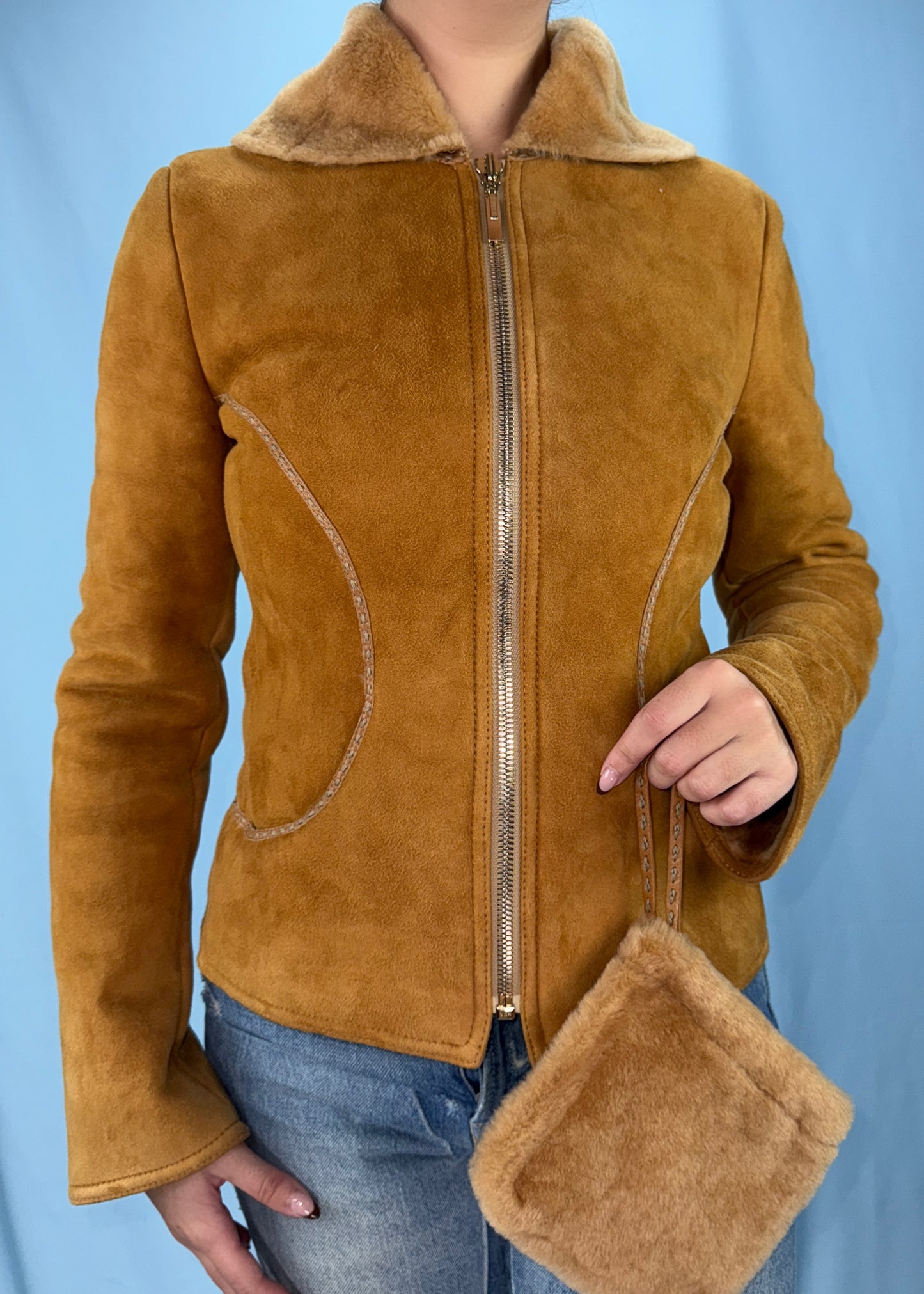 Fendi 2004 Leather Shearling Zip Up Jacket & Pouch