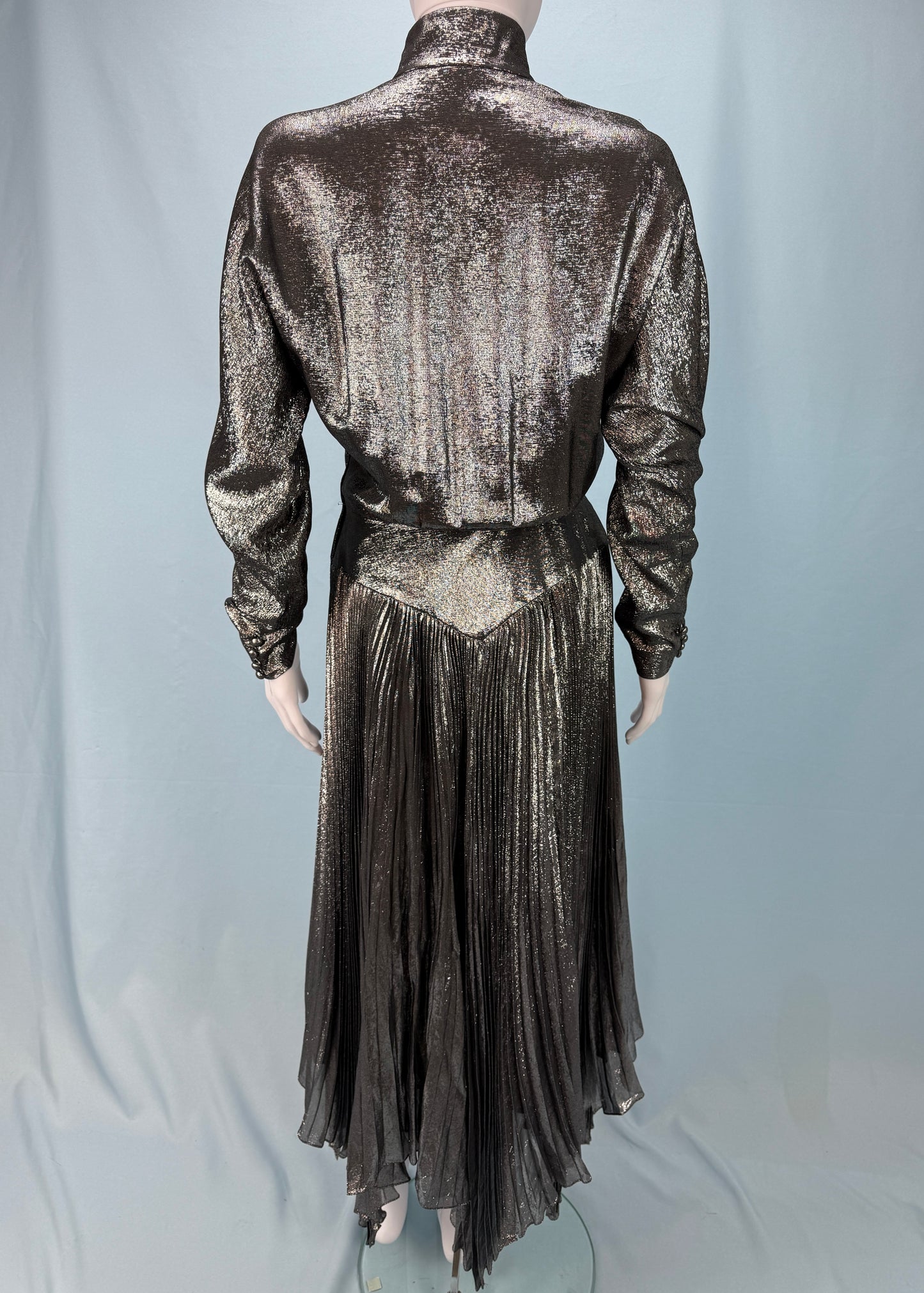 Jean-Louis Scherrer 1980's Silver Lamé Pleated Dress & Shawl