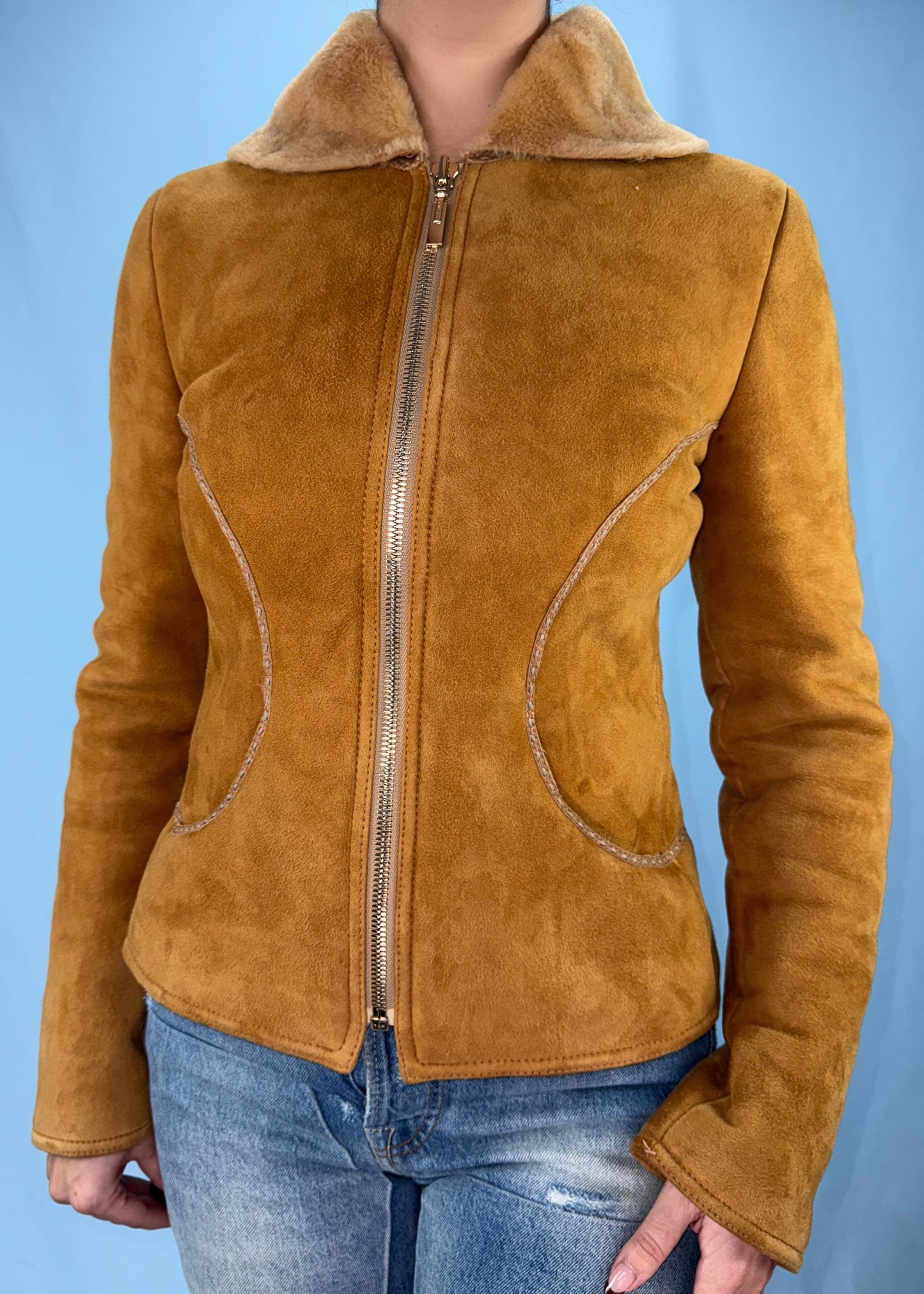 Fendi 2004 Leather Shearling Zip Up Jacket & Pouch