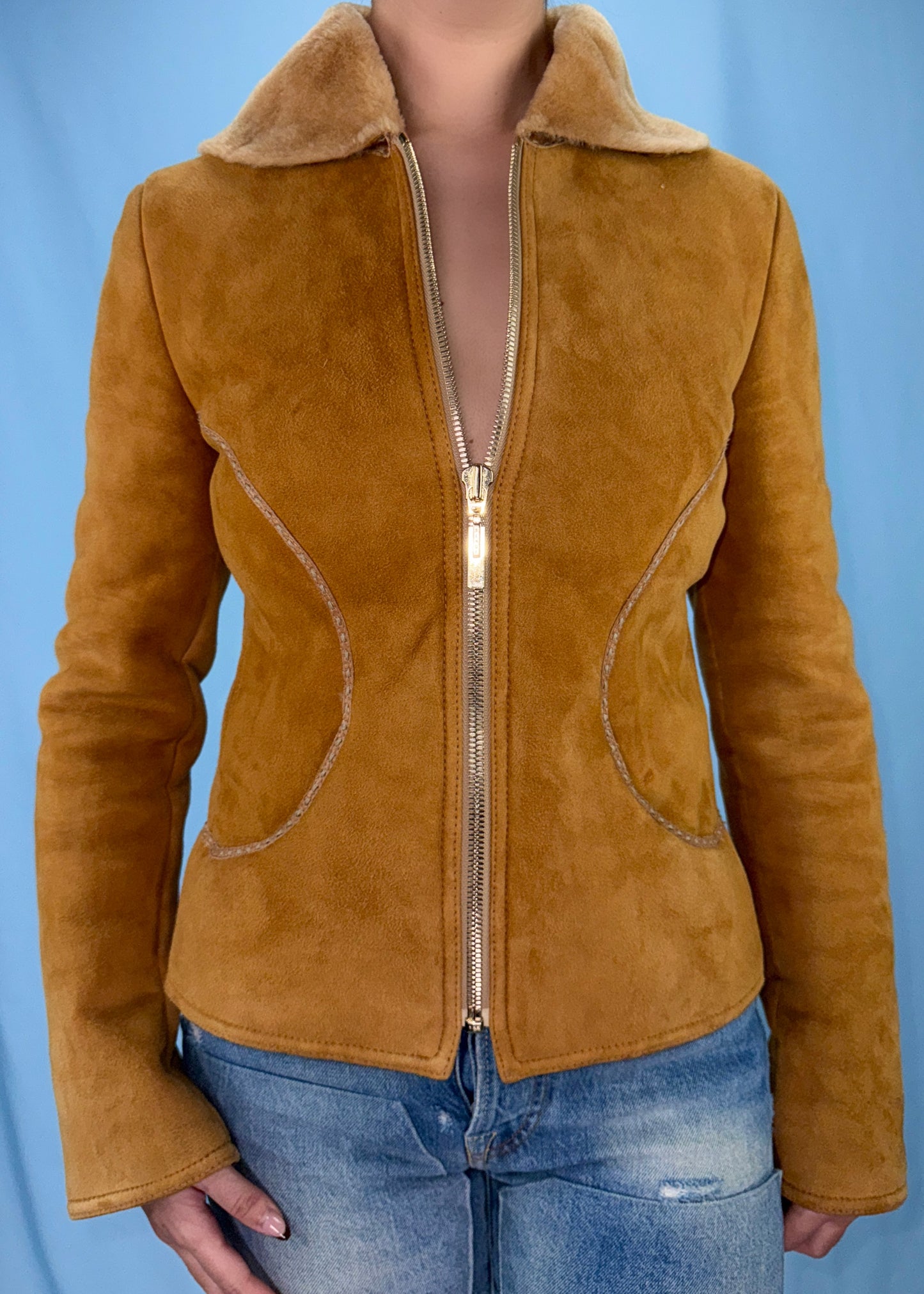 Fendi 2004 Leather Shearling Zip Up Jacket & Pouch