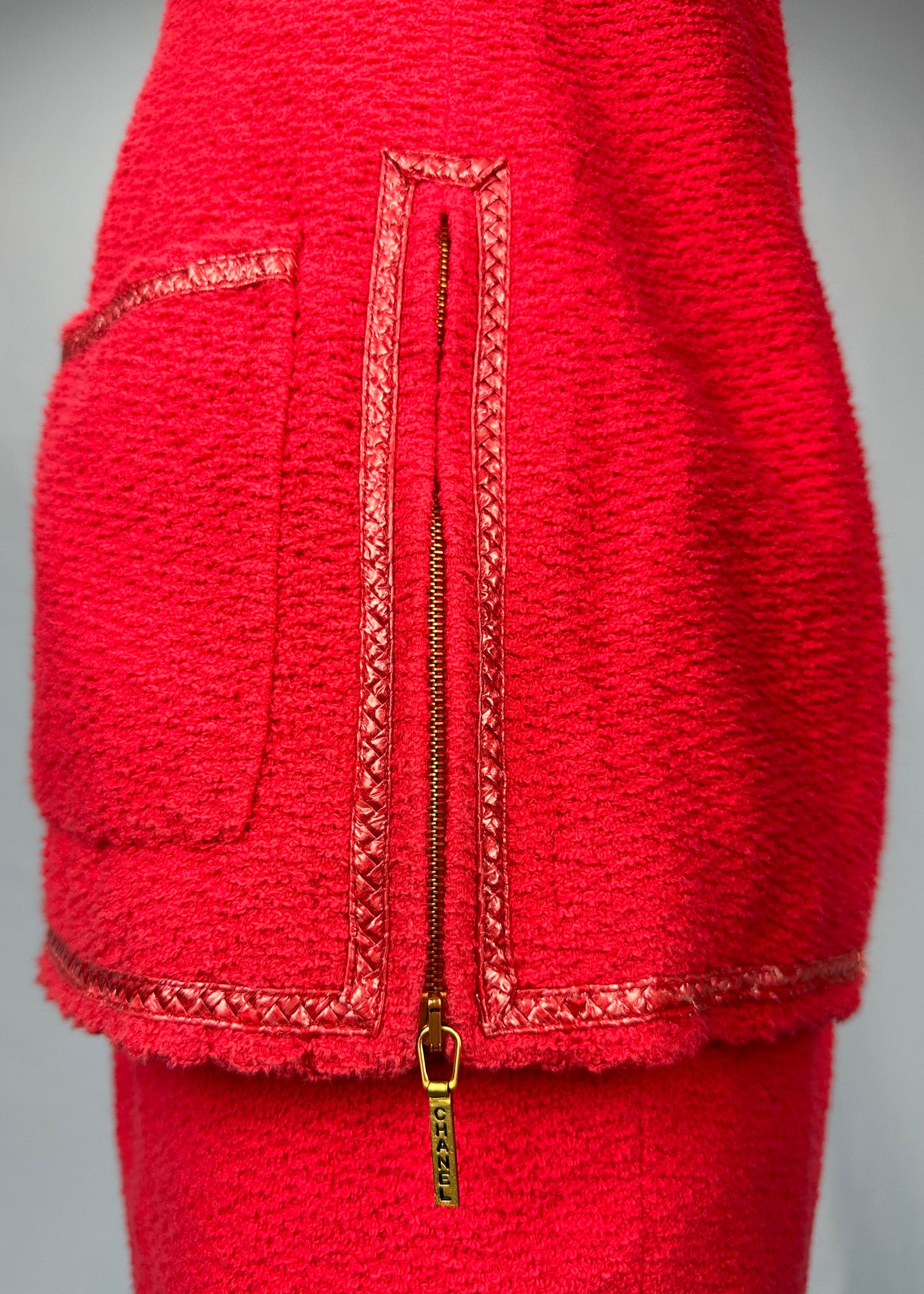 Chanel Spring 1995 Runway Red Boucle Zip Jacket & Skirt Suit Set