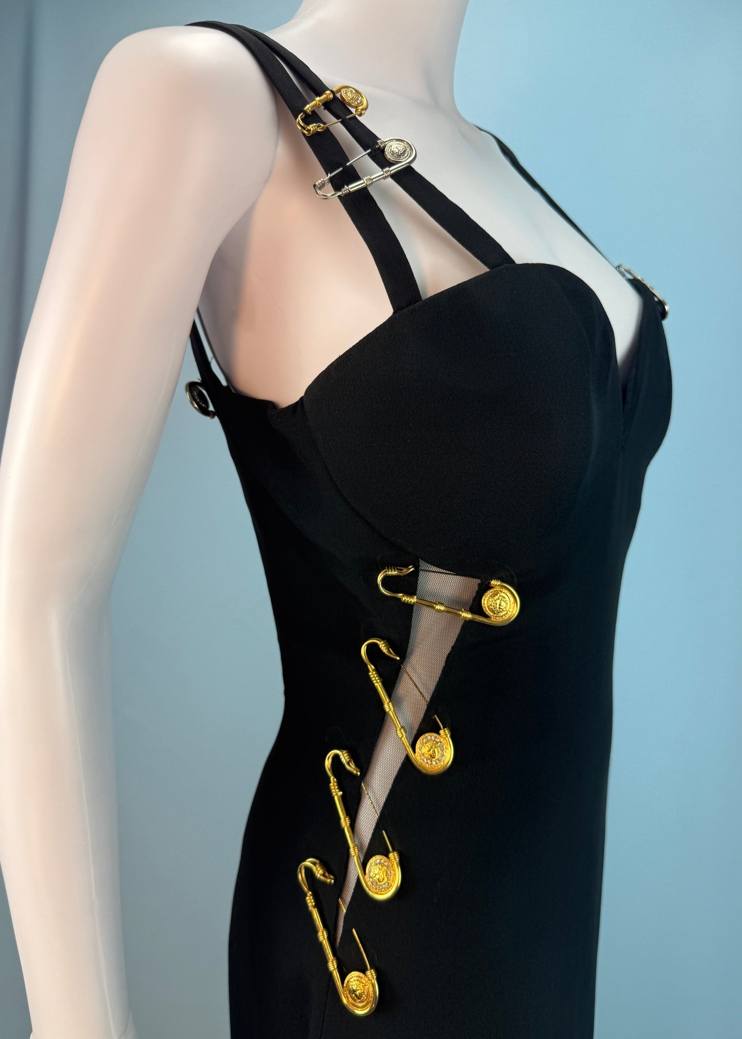 Versace Spring 1994 Runway Safety Pin Black Gown