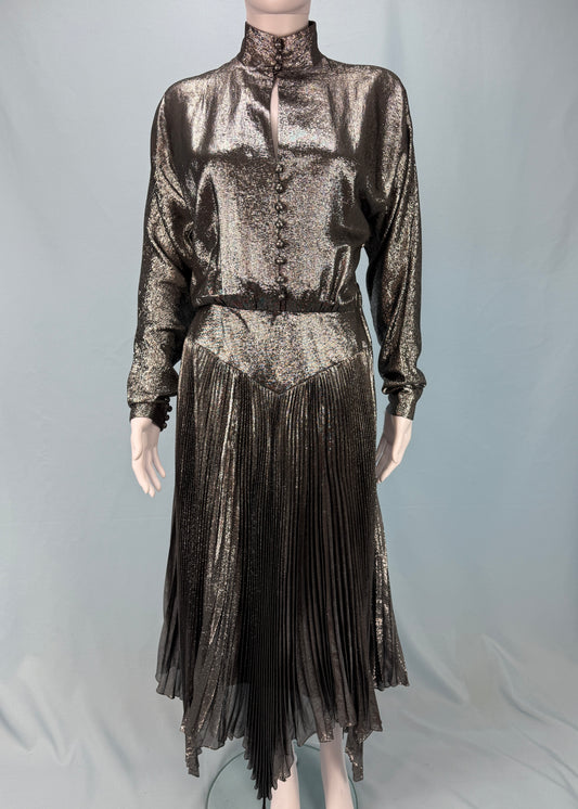 Jean-Louis Scherrer 1980's Silver Lamé Pleated Dress & Shawl