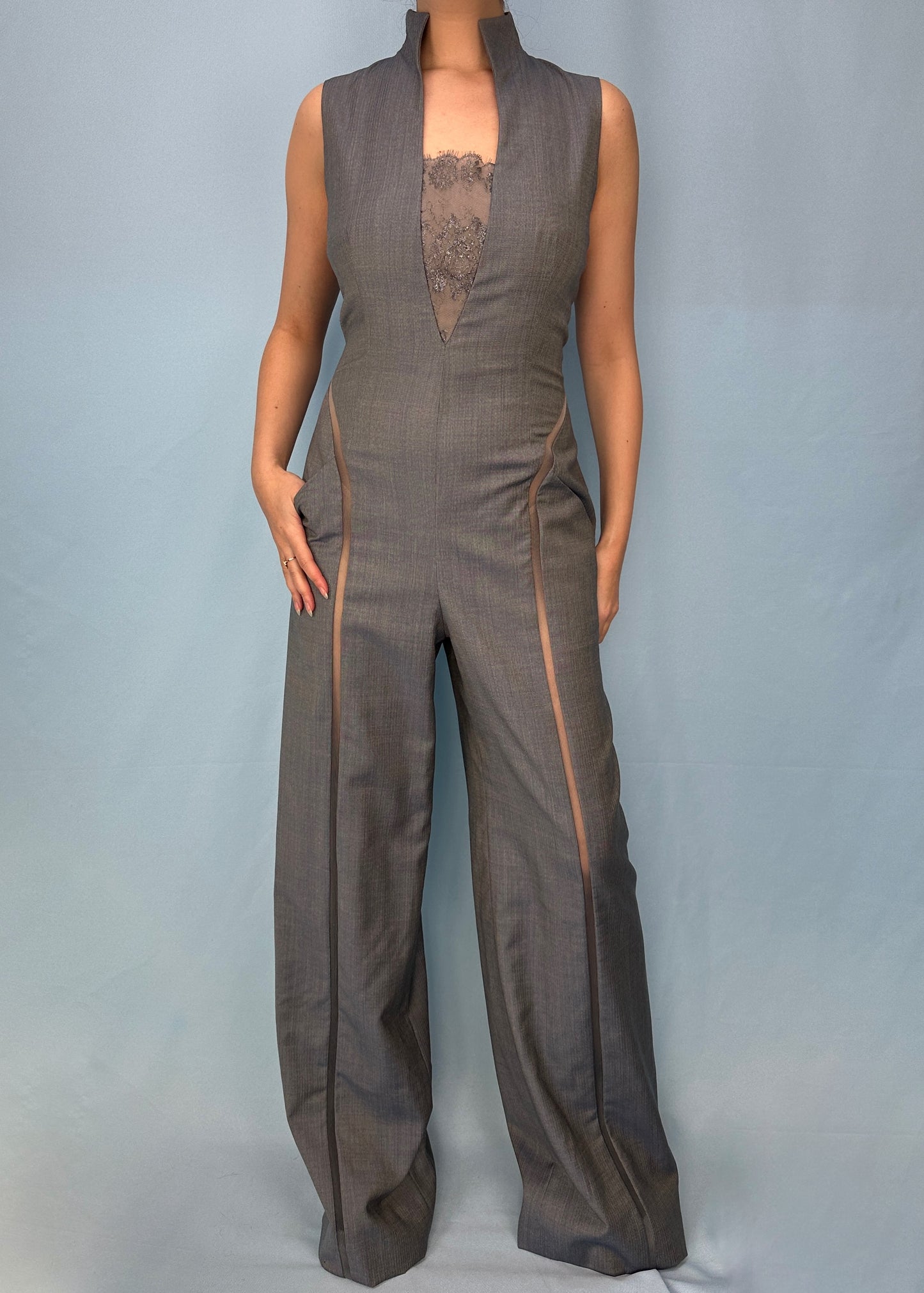 Givenchy Haute Couture by Alexander McQueen Spring 2000 Grey Mesh & Lace Detail Jumpsuit
