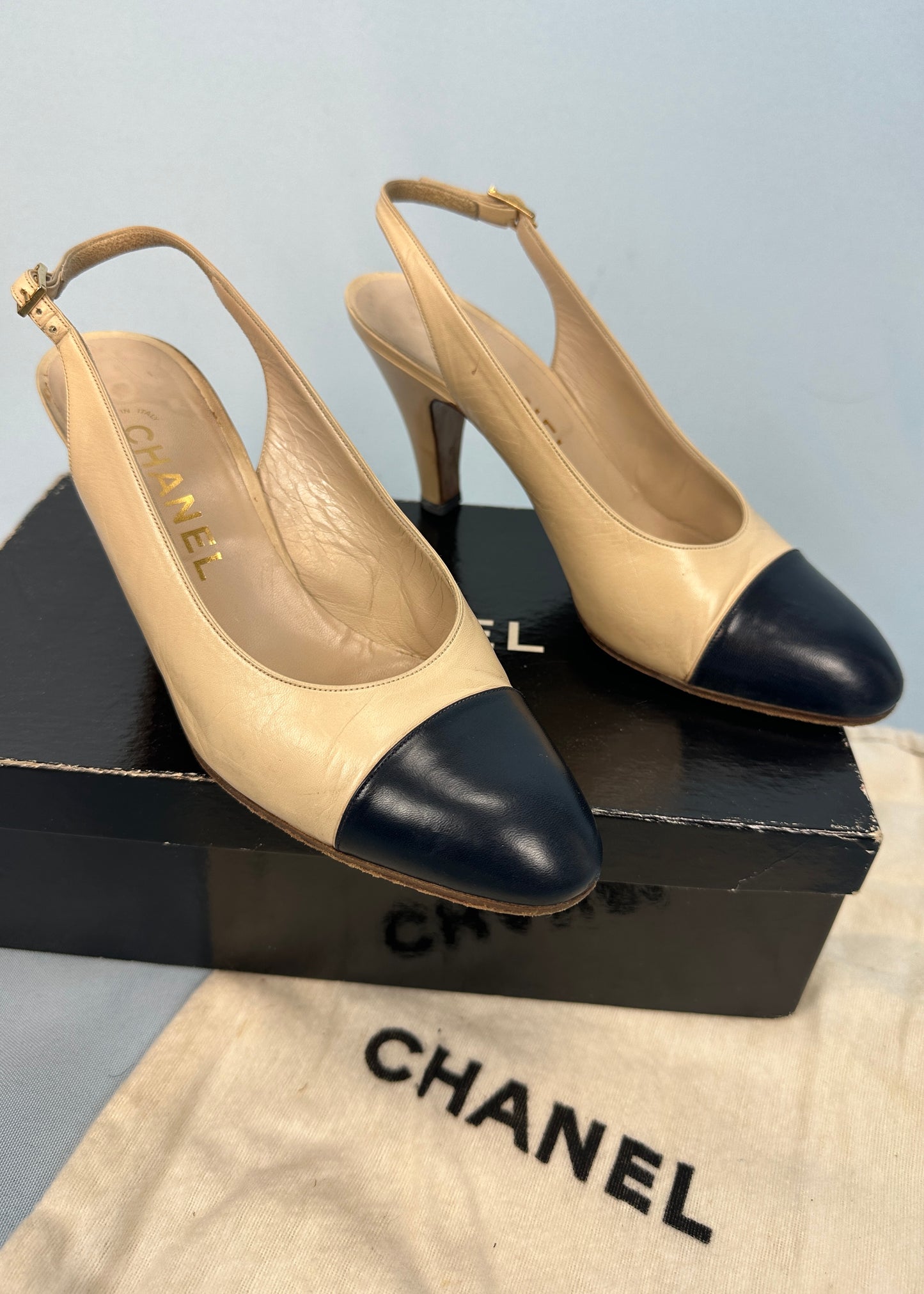 Chanel Beige & Black Classic Slingback Heels