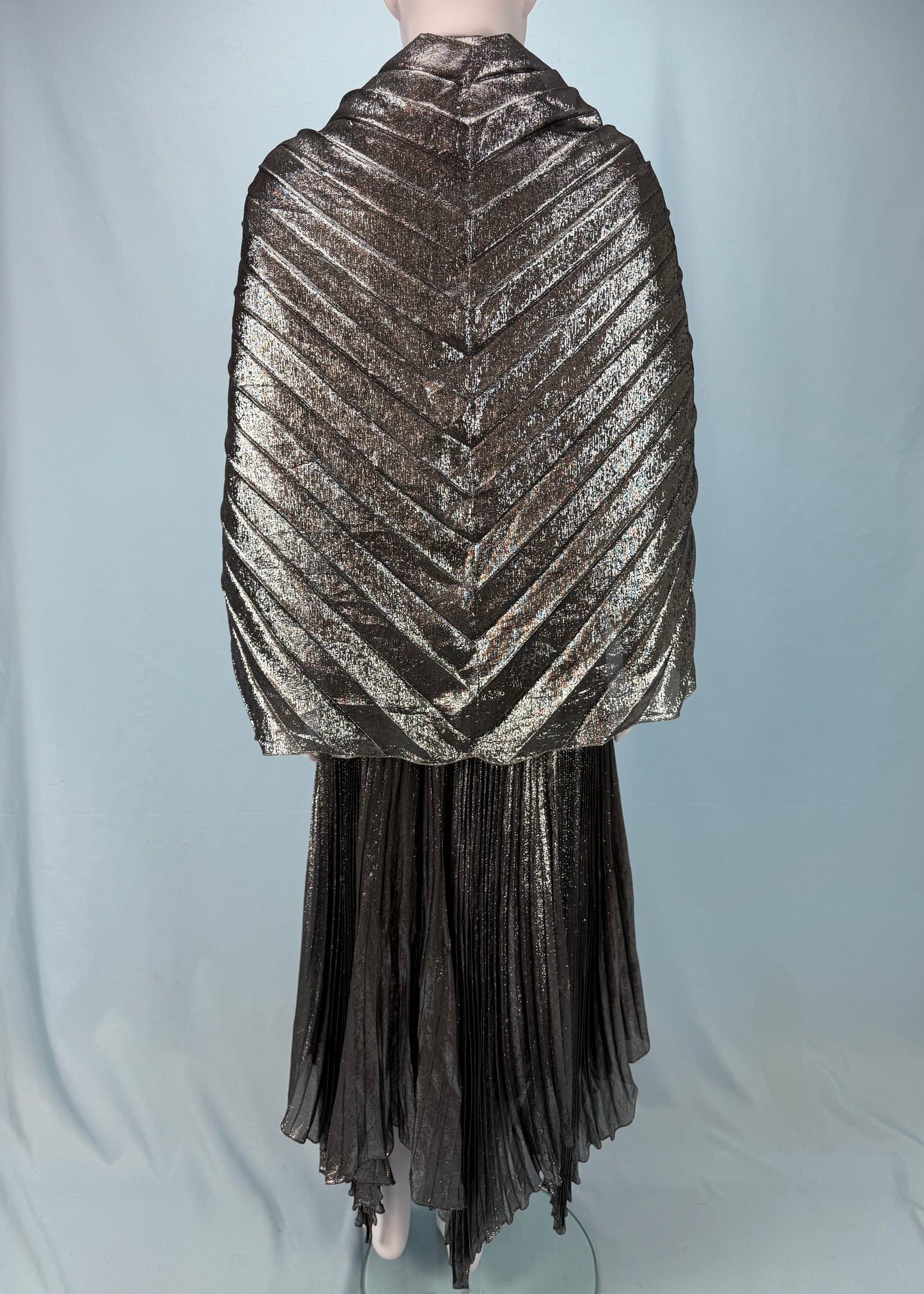 Jean-Louis Scherrer 1980's Silver Lamé Pleated Dress & Shawl