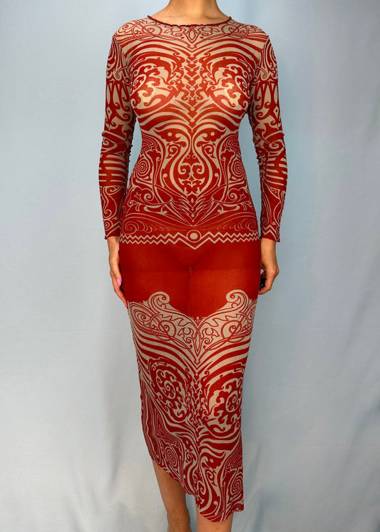 Jean Paul Gaultier Spring 1996 Tribal Print Red Mesh Dress