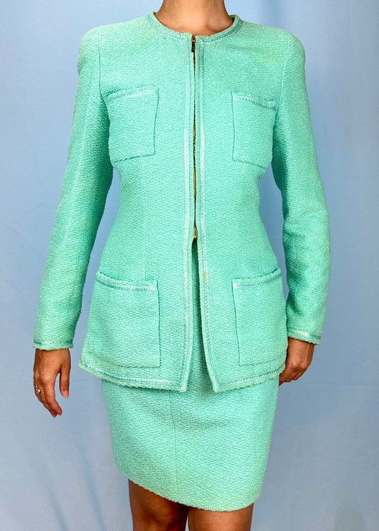 Chanel Spring 1995 Runway Blue Boucle Zip Jacket & Skirt Suit Set