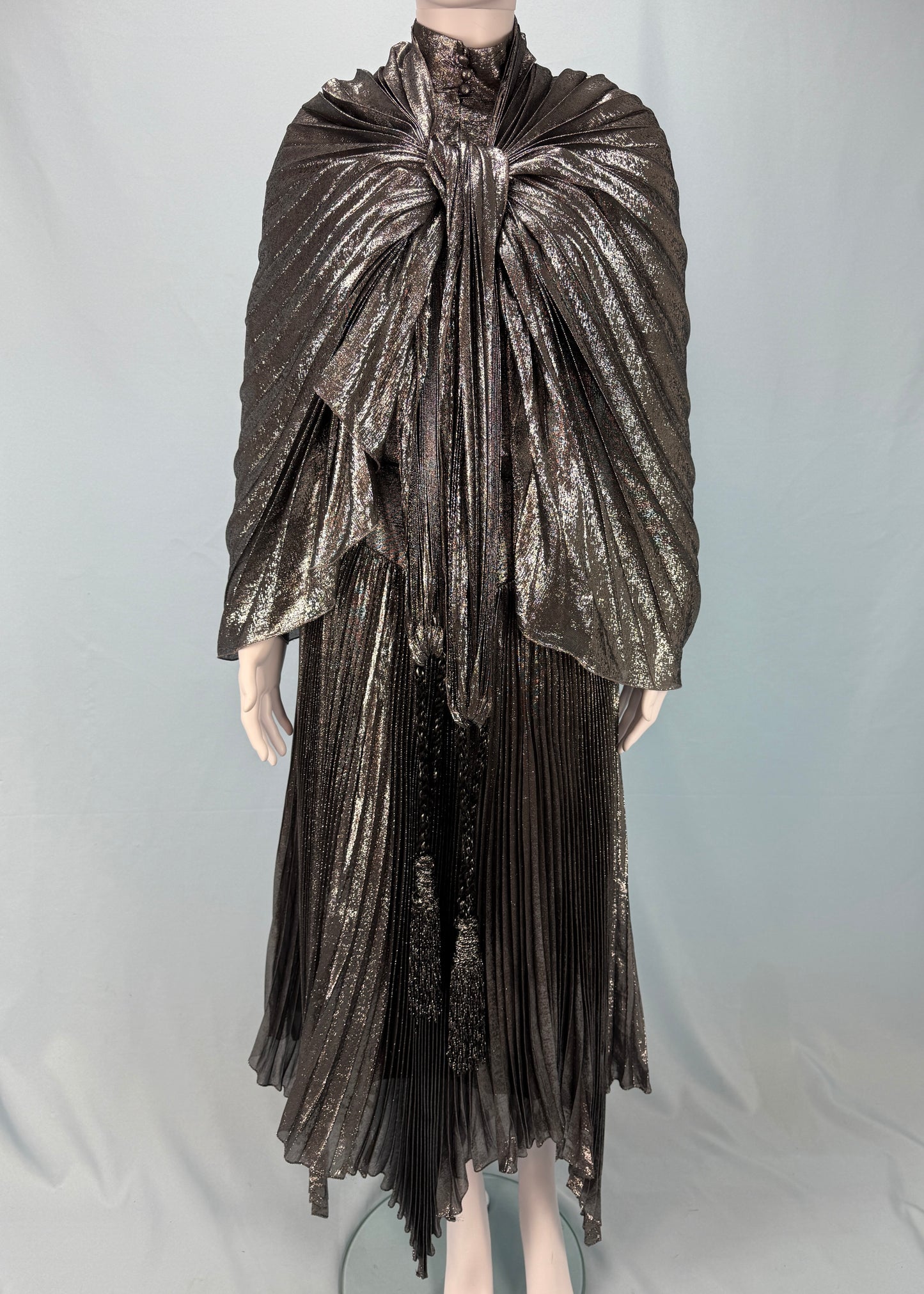 Jean-Louis Scherrer 1980's Silver Lamé Pleated Dress & Shawl