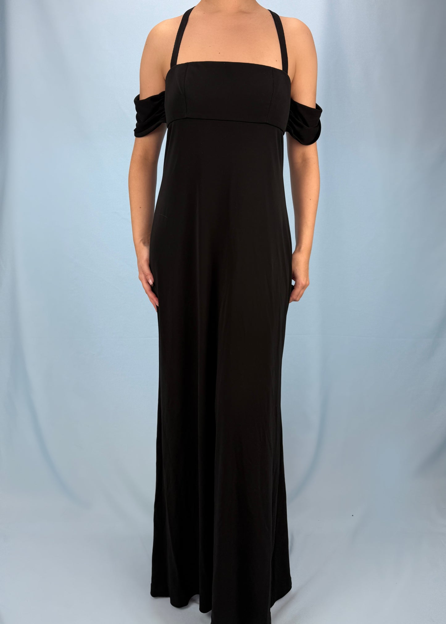 Herve Leger 1990s Black Draped Shoulder Gown