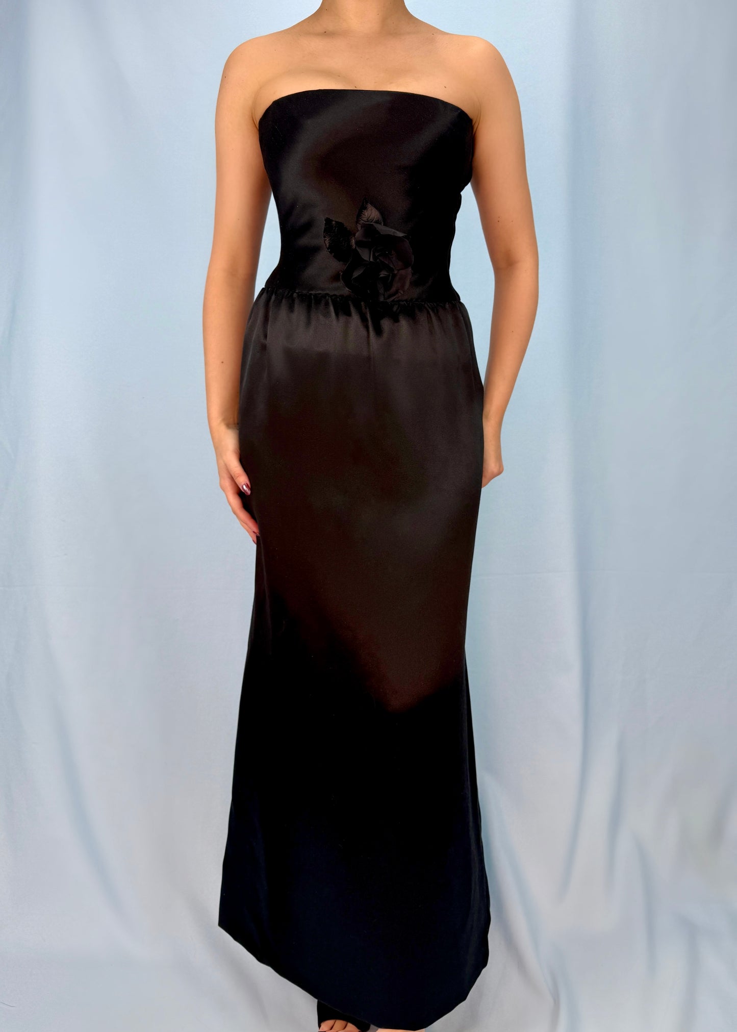 Givenchy Haute Couture 1980s Black Silk Strapless Rose Corsage Gown