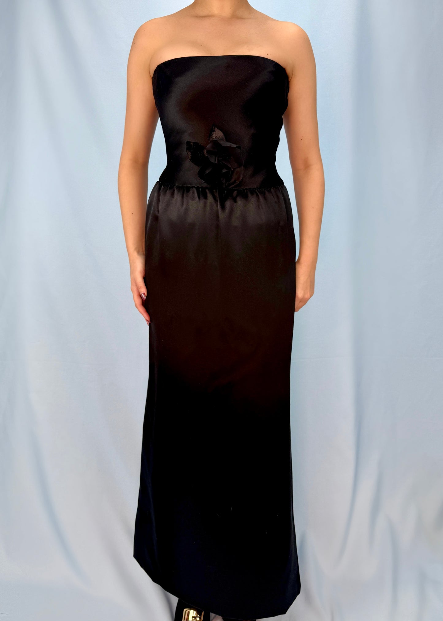 Givenchy Haute Couture 1980s Black Silk Strapless Rose Corsage Gown