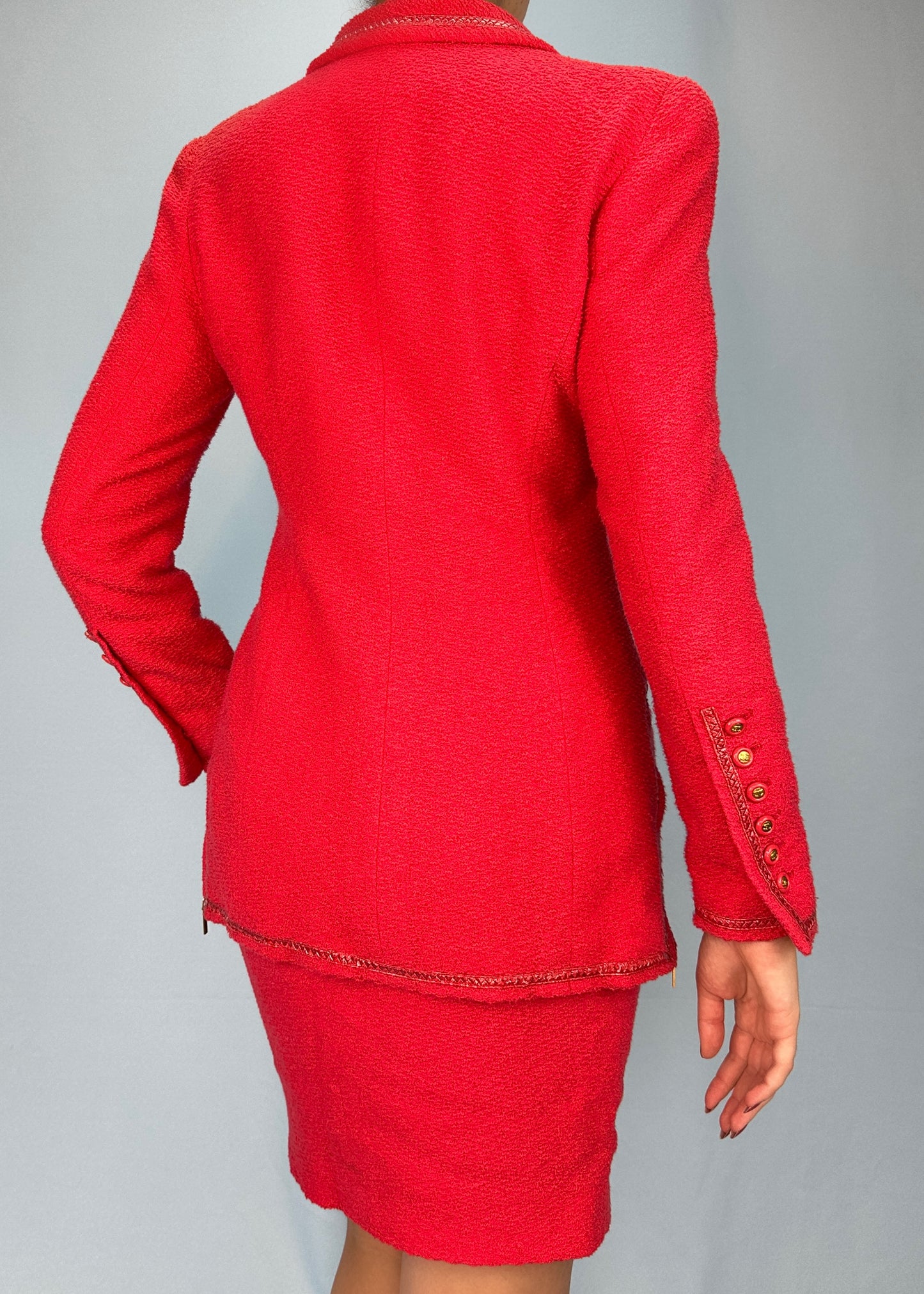 Chanel Spring 1995 Runway Red Boucle Zip Jacket & Skirt Suit Set