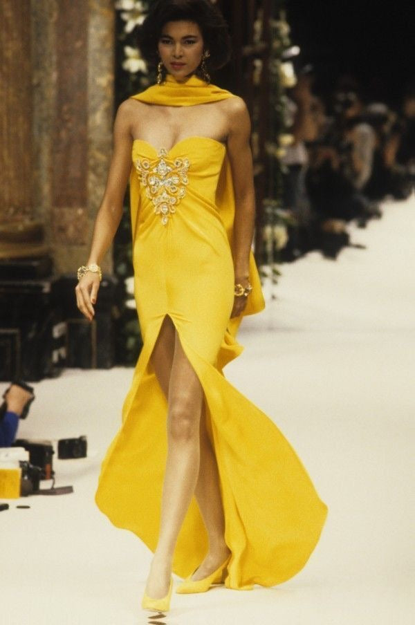 Givenchy Haute Couture Spring 1990 Runway Yellow Silk Embellished Gown & Scarf