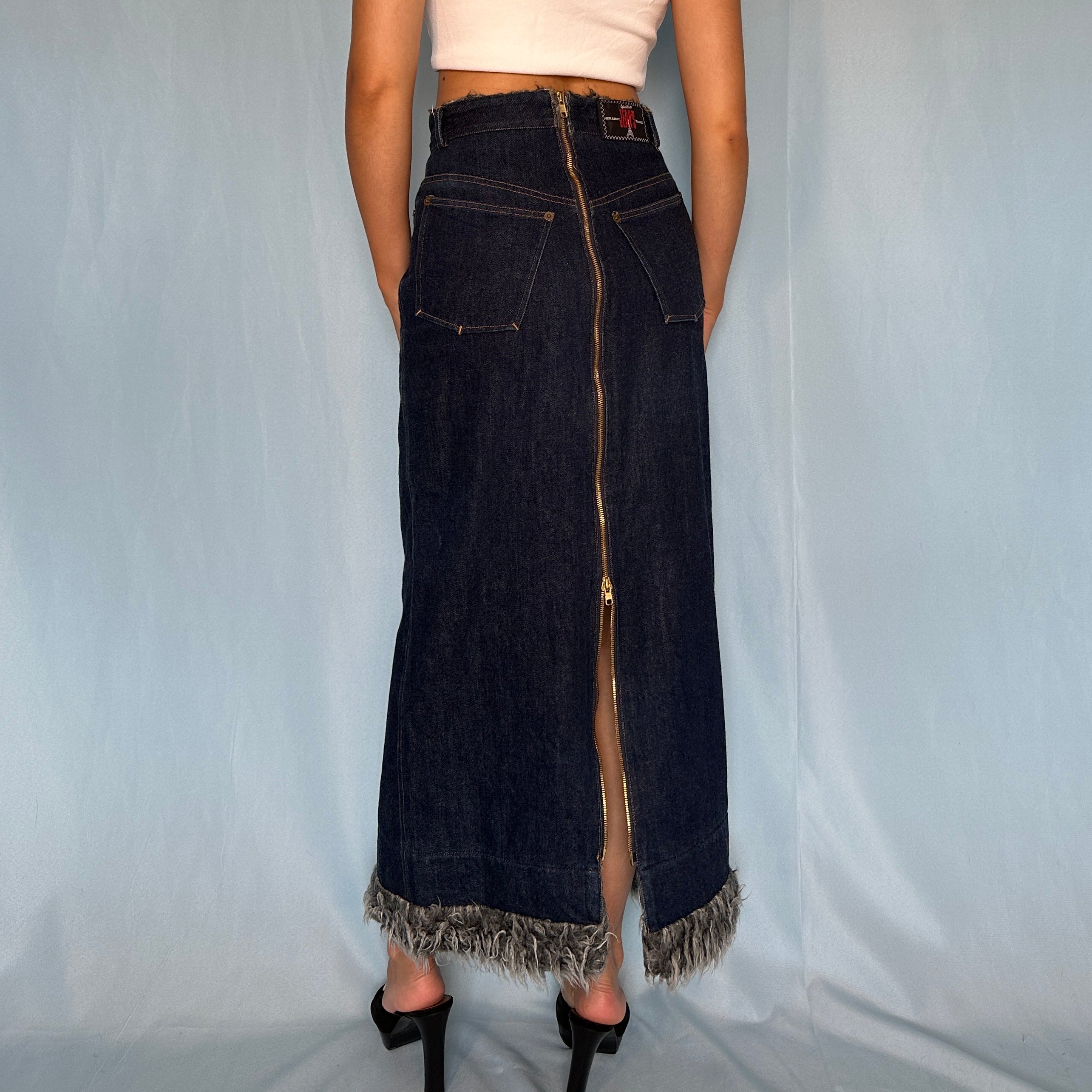 Jean Paul Gaultier Fall 1995 Denim Zip & Faux Fur Detail Maxi Skirt